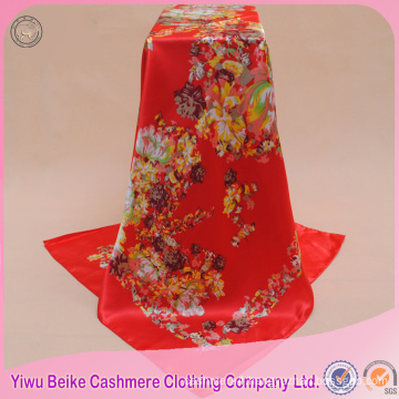 High quality customized hand-rolled edges red floral cheap satin scarf